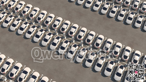 Big parking with chargers. Rows of electric cars are recharging. General view. 3d illustration