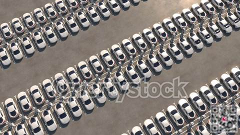 Big parking with chargers. Rows of electric cars are recharging. General view. 3d illustration