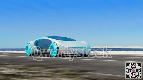 Electric cars driving on the road, in the background are solar panels. 3d illustration