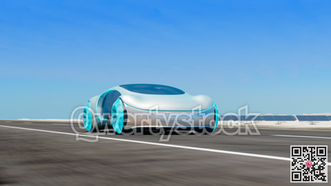 Electric cars driving on the road, in the background are solar panels. 3d illustration