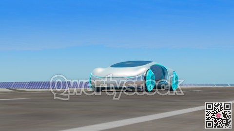 Electric cars driving on the road, in the background are solar panels. 3d illustration