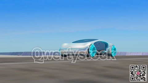 Electric cars driving on the road, in the background are solar panels. 3d illustration
