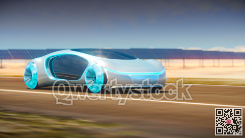 Concept car rides on the road, solar panels are in the background. 3d illustration