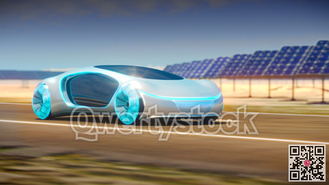 Concept car rides on the road, solar panels are in the background. 3d illustration