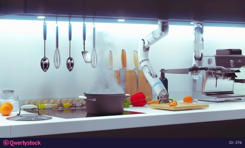 Automatic neural intelligent kitchen robot produced food. 4k 3d animation