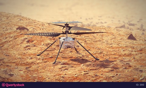 Ingenuity helicopter prepares for the first takeoff from the surface of Mars. 4k animation