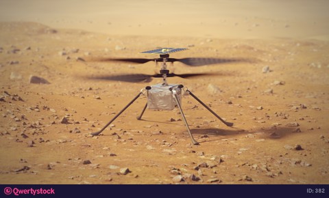 Martian helicopter takeoff from Mars and surface observation. 4k footage