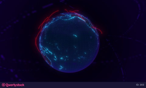 Rotating planet on a night background with glowing lines. Great textless background video with room for your text. Perfect for presentations.