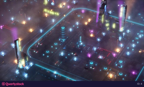 Night Future City with flying cars and sci-fi transport. 4k animation