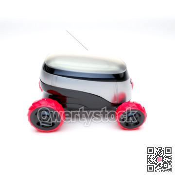 Automated Delivery Robot Service . Modern Smart Wireless Robot Delivers Goods or Food to a Customer. New Technological Iot Business Industry of Delivery Logisti