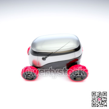Automated Delivery Robot Service . Modern Smart Wireless Robot Delivers Goods or Food to a Customer. New Technological Iot Business Industry of Delivery Logisti