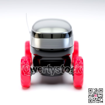 Automated Delivery Robot Service . Modern Smart Wireless Robot Delivers Goods or Food to a Customer. New Technological Iot Business Industry of Delivery Logisti