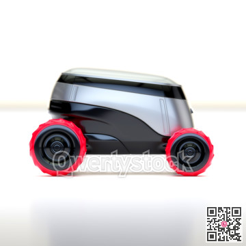Automated Delivery Robot Service . Modern Smart Wireless Robot Delivers Goods or Food to a Customer. New Technological Iot Business Industry of Delivery Logisti