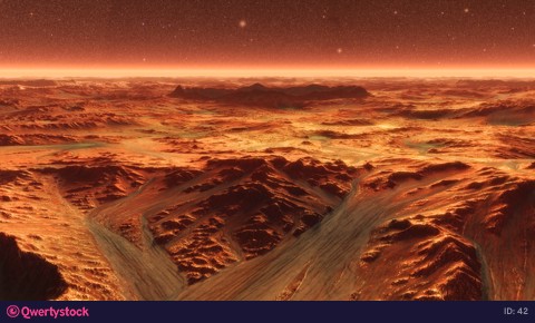 Panoramic landscape on the surface of Mars. Realistic cinematic animation. Camera moves to the Crater.