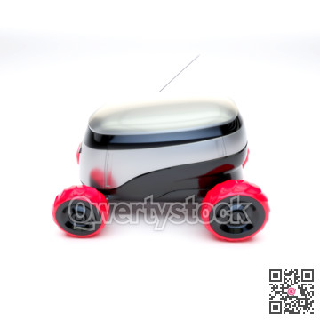 Automated Delivery Robot Service . Modern Smart Wireless Robot Delivers Goods or Food to a Customer. New Technological Iot Business Industry of Delivery Logisti