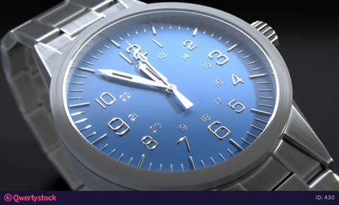 Watch hand close-up. blue scoreboard. 3d animation