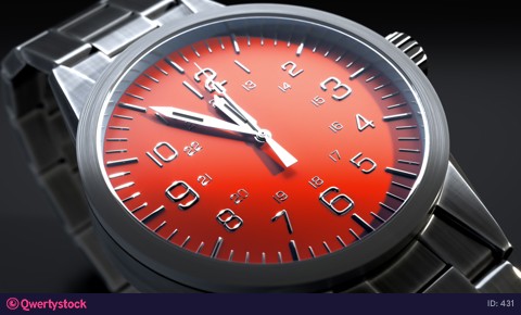 The second hand of the clock close-up, the movement of time. Red dial. 4k 3d animation