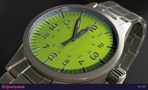Hand clock, green dial. close-up. 4k 3d animation