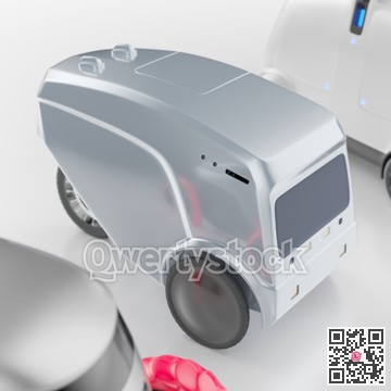 Autonomous robot product delivery. Smart delivery of food, groceries, letters, documents, etc. 3d illustration.