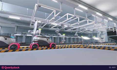 Product sorting plant. Loading autonomous delivery robots. 3D animation.