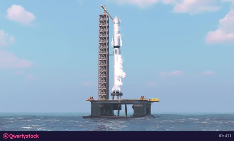 Launch of a space rocket. Water launch pad. The upper stage of the spacecraft. 3D animation.