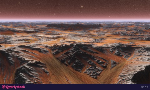 Panoramic landscape on the surface of Mars. Realistic cinematic animation. Camera moves to the Crater.