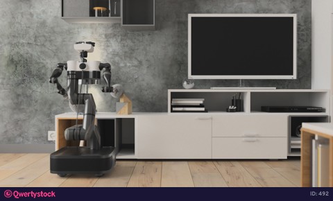 Automatic robot cleans the apartment, soft fluffy brushes for dust. 3d rendering