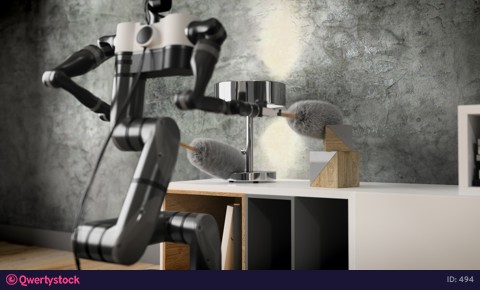 A robot cleaner helps around the house. cleans the TV cabinet. 3d rendering