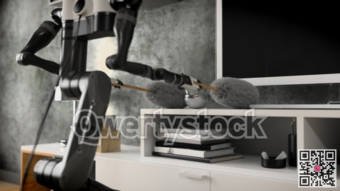 Robot apartment cleaner. Robot house helper removes dust from the pedestals. 3d illustration