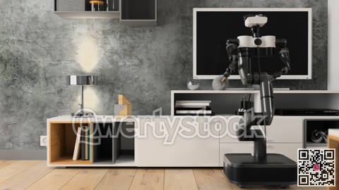 Robot apartment cleaner. Robot house helper removes dust from the pedestals. 3d illustration
