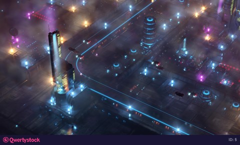 Night Future City with flying cars and sci-fi transport. 4k animation