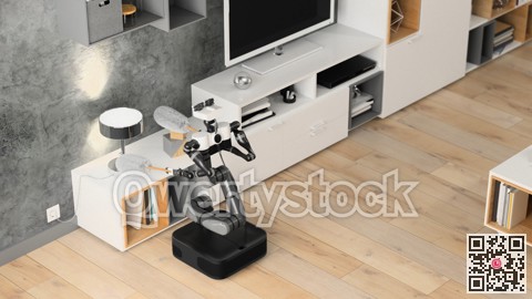 Robot cleaner helps to clean the apartment. Automatic robot. 3d rendering