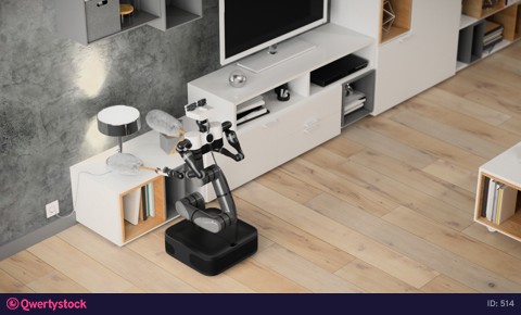Robot assistant at home, removes dust from the shelves. 3d rendering