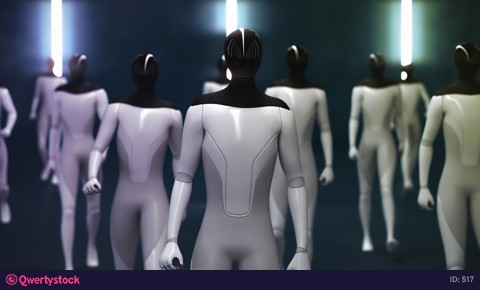 Cyborg goes towards the camera. Stabilizing the picture on the body of the cyborg. 3D rendering