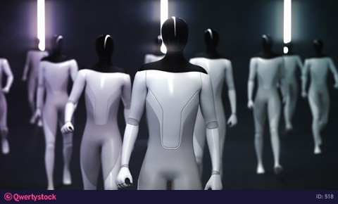 Humanoid cyborgs go in a group to meet the camera. 3D rendering