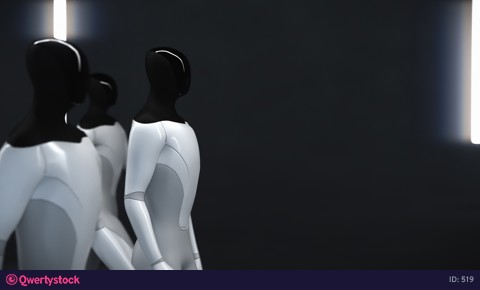 Flying around the camera around the walking humanoid cyborgs. 3D rendering