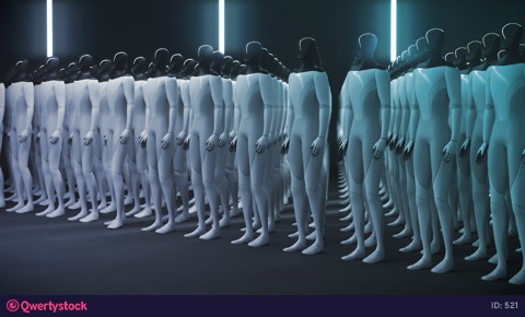 Humanoids stand in a row. Charged for further work. 3d render