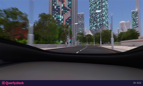 A self-driving car drives through the daytime city. Autonomous business machine. 3D rendering.