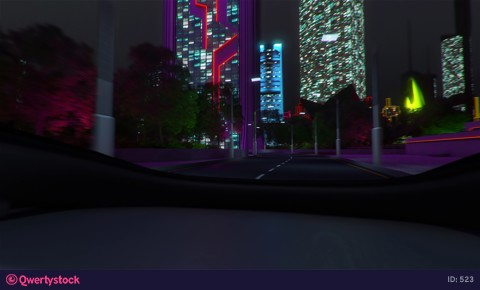 The car rides through the night city on autopilot. Unmanned modern car. 3D rendering.