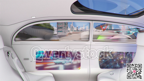 View of the empty interior of the car. Car on autopilot. Modern unmanned vehicle. 3d illustration