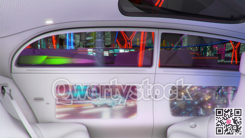 View of the empty interior of the car. Car on autopilot. Modern unmanned vehicle. 3d illustration