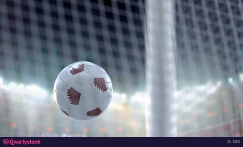Soccer ball. Flies into the grid of the gate, against the background of the lamps. Slow motion. 3D rendering.