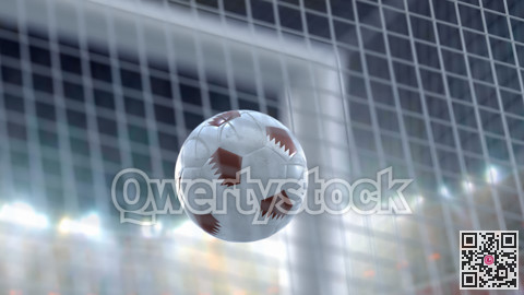 Soccer ball flies into the net. A close plan against the background of the stadium floodlights. 3D illustration.
