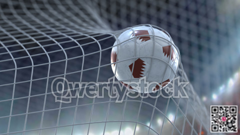 Soccer ball flies into the net. A close plan against the background of the stadium floodlights. 3D illustration.