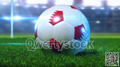 The soccer ball stands on the green lawn, but against the background of the floodlights and stands of the stadium. 3D illustration.
