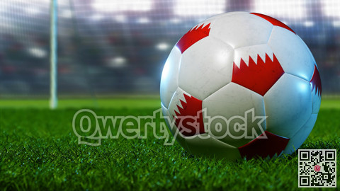 The soccer ball stands on the green lawn, but against the background of the floodlights and stands of the stadium. 3D illustration.