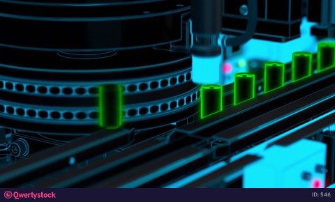 Production of energy-efficient batteries. Stamping conveyor. Abstract view. 3D rendering. 3D animation.