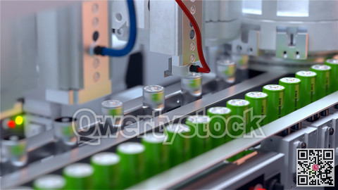 Conveyor line for the production of lithium ion batteries. Ecological energy. 3D illustration. 3D rendering.