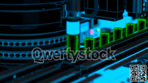 Lithium ion electric batteries, production line. Abstract image. 3D illustration. 3D rendering.