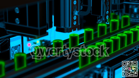 Lithium ion electric batteries, production line. Abstract image. 3D illustration. 3D rendering.